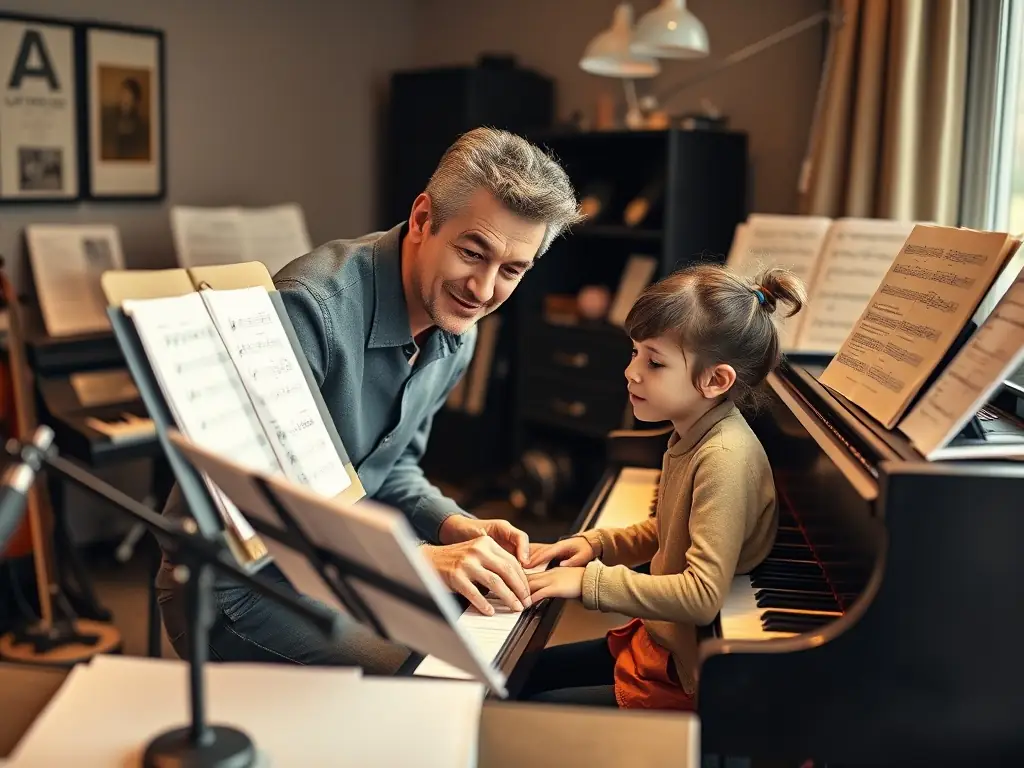 A music instructor providing a lesson in a student's home, with various instruments visible in the background, highlighting the personalized approach of home lessons at Tinglescroll Music Centre.