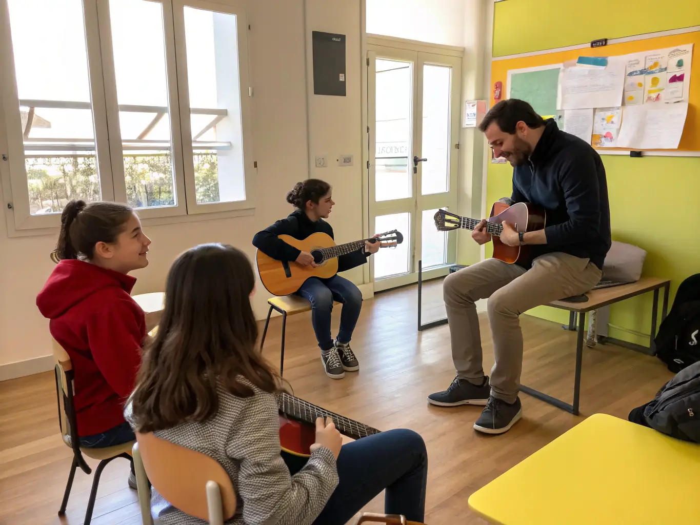 A vibrant image of a group of students actively participating in a guitar workshop, with an instructor guiding them. The setting is a well-lit, modern music room at Tinglescroll Music Centre.