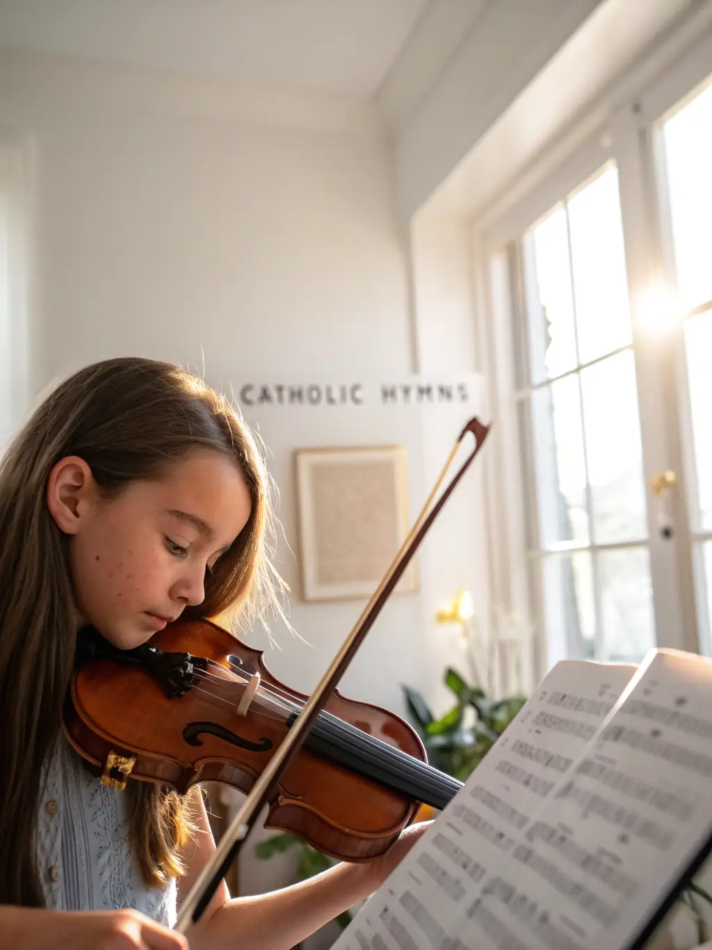 A young girl playing a violin with a focused expression, with a qualified instructor guiding her hand in a well-lit music room at Tinglescroll Music Centre.