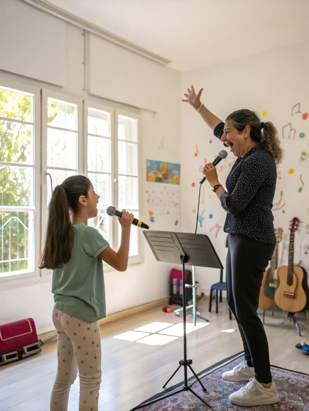 A vocal coach working with a student on their singing technique, demonstrating proper breathing and vocal exercises in a soundproof vocal booth at Tinglescroll Music Centre.