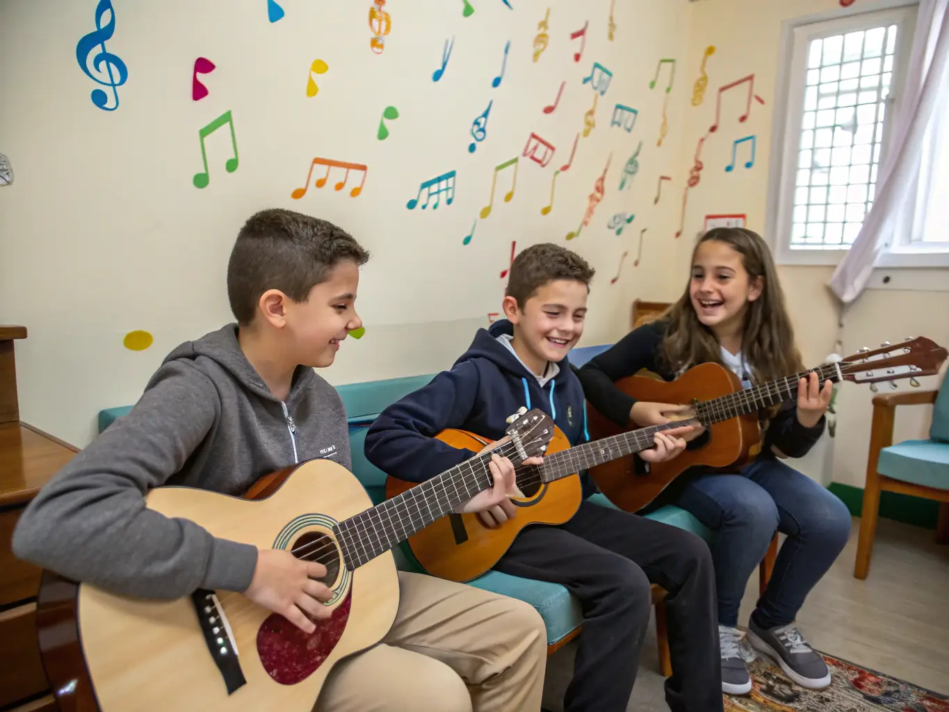 A group of young musicians participating in a dynamic music workshop, playing various instruments and collaborating on a song.