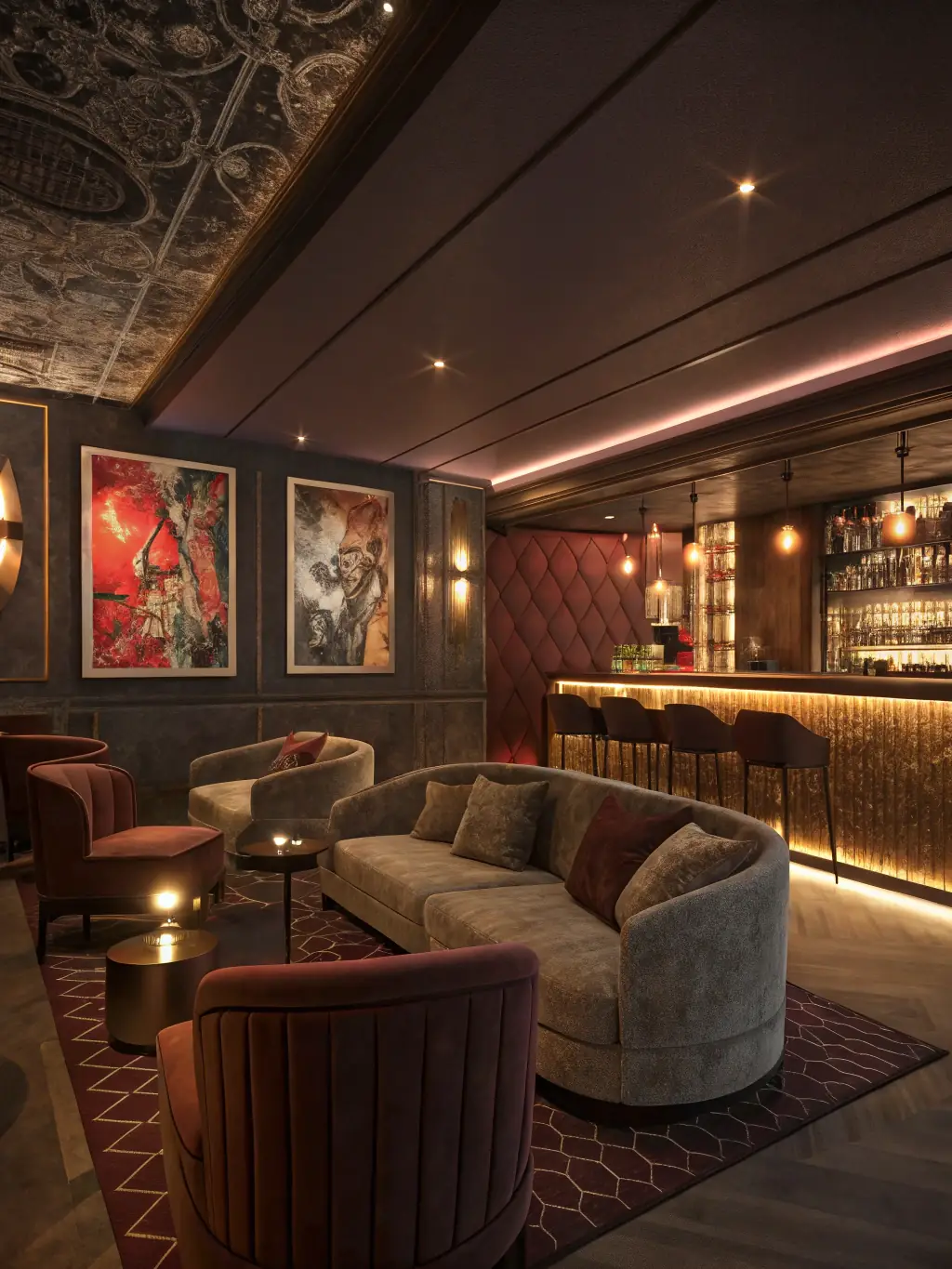 A cozy and inviting F&B lounge area with comfortable seating, soft lighting, and musicians enjoying refreshments while chatting and relaxing.