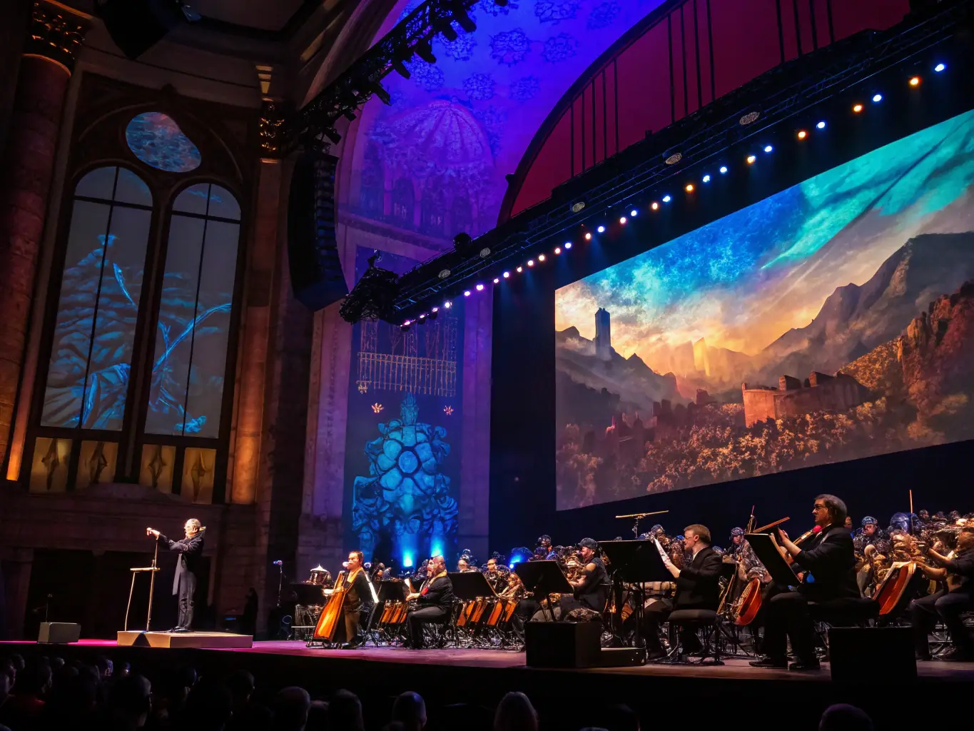 An image of an instrumental competition with musicians playing various instruments, judges assessing performances, and an appreciative audience.