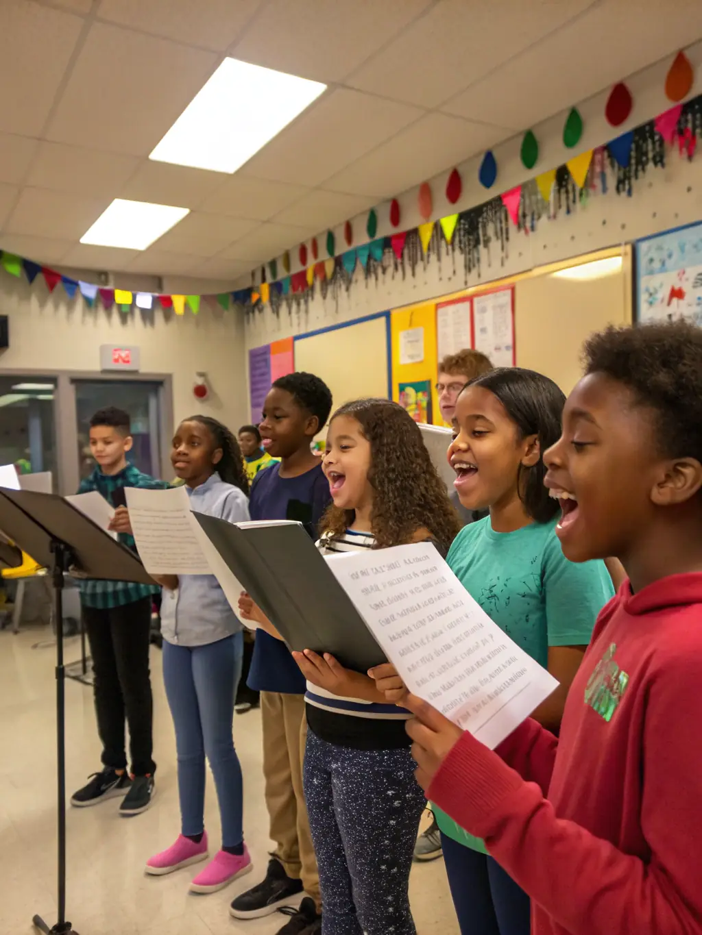A group of students participating in a vocal training session, led by an instructor, demonstrating the collaborative learning environment at Tinglescroll Music Centre.