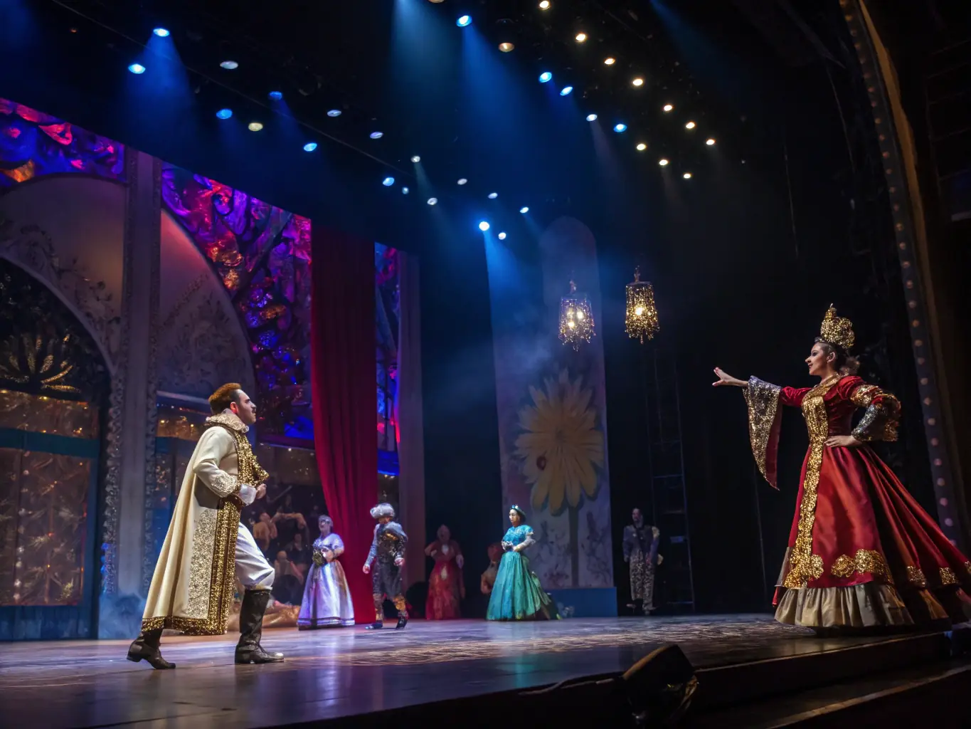 A dynamic image of a musical theatre production with performers on stage, elaborate costumes, and a captivated audience.