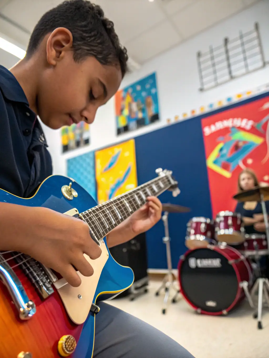 A teenager learning to play an electric guitar, with the instructor showing him the correct finger placement and strumming technique in a modern music studio at Tinglescroll Music Centre.