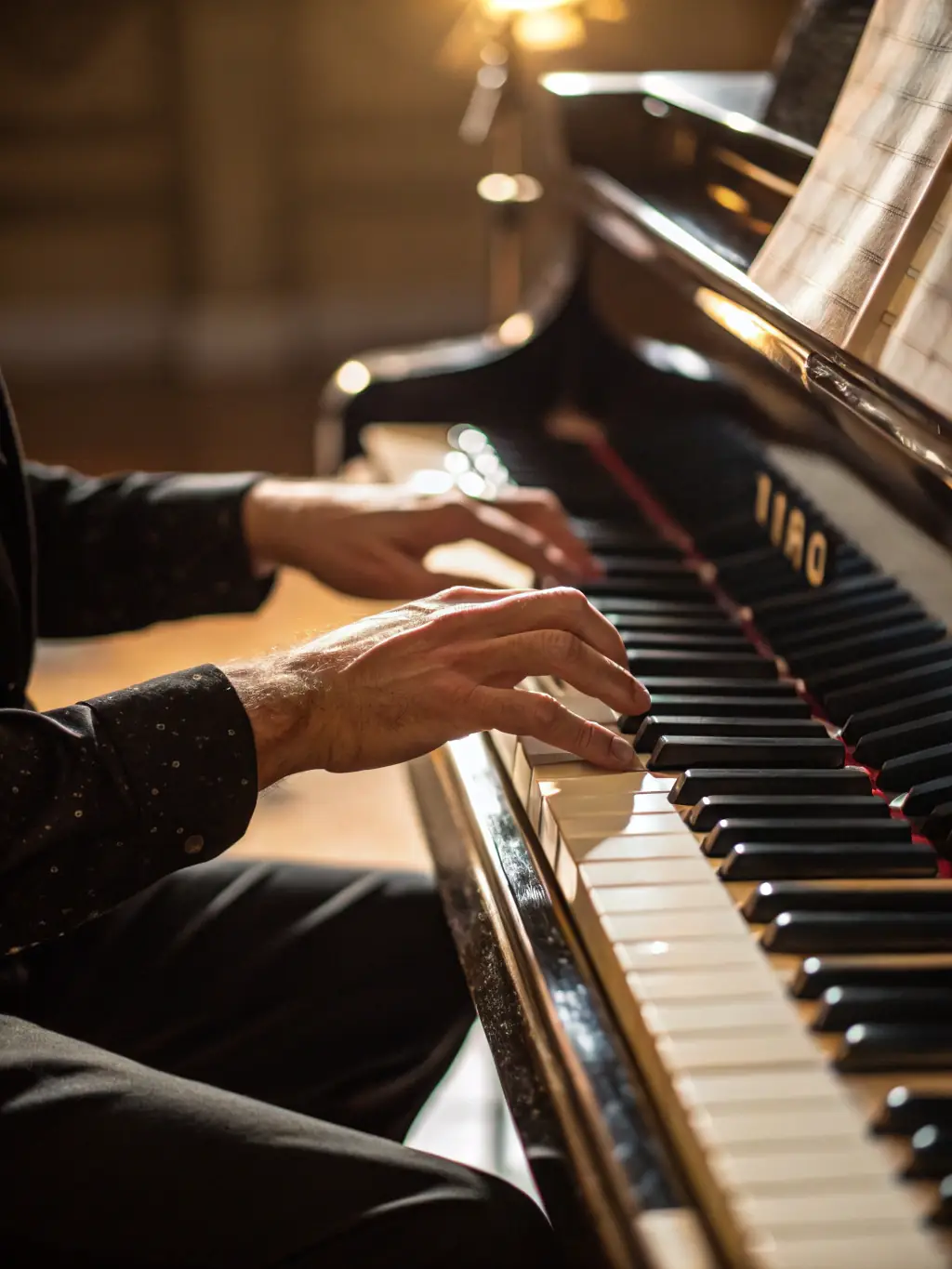 A close-up shot of hands playing chords on a grand piano, showcasing the intricate details of the keys and the musical score in front of the pianist at Tinglescroll Music Centre.