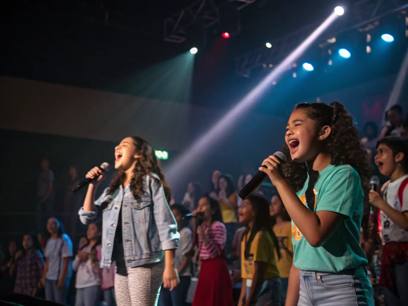 A vibrant image of a singing competition with participants on stage, judges evaluating performances, and an enthusiastic audience.