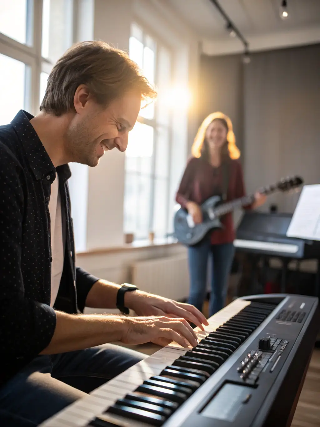 A friendly, smiling female instructor teaching a young student how to play the piano in a well-lit studio at Tinglescroll Music Centre.