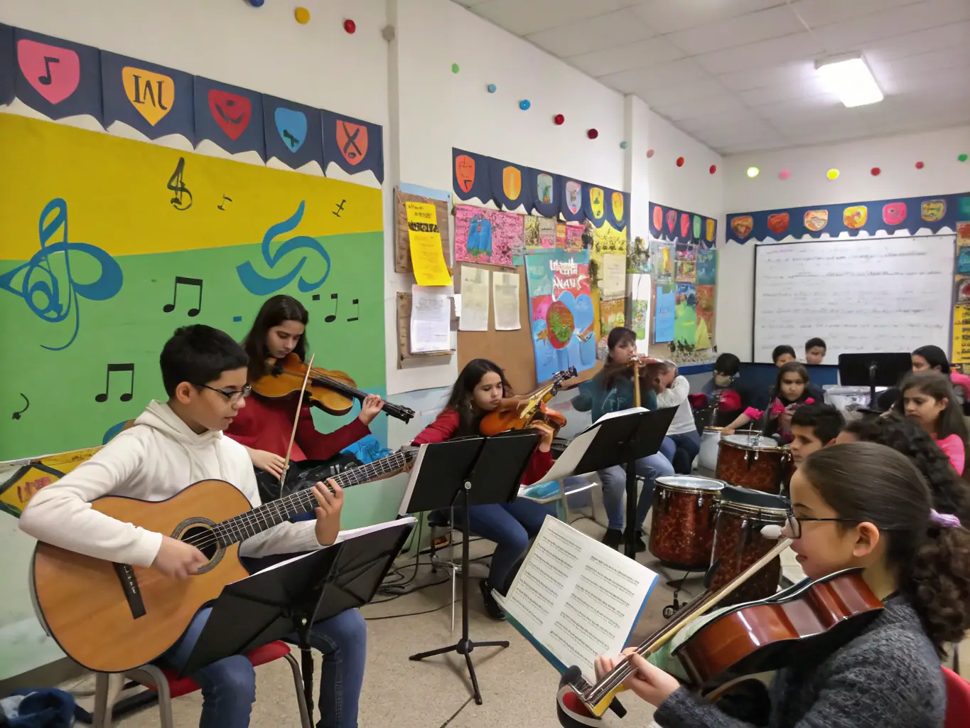 A vibrant classroom scene with students practicing instruments under the guidance of a professional instructor, showcasing the on-site music lessons at Tinglescroll Music Centre.