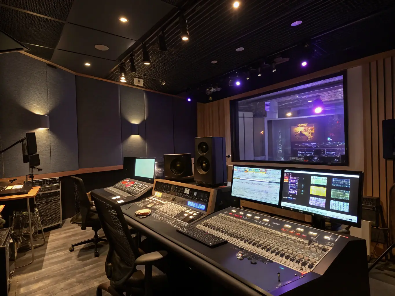 A modern recording studio with a mixing console, microphones, and soundproofing, showcasing the professional environment for recording artists.