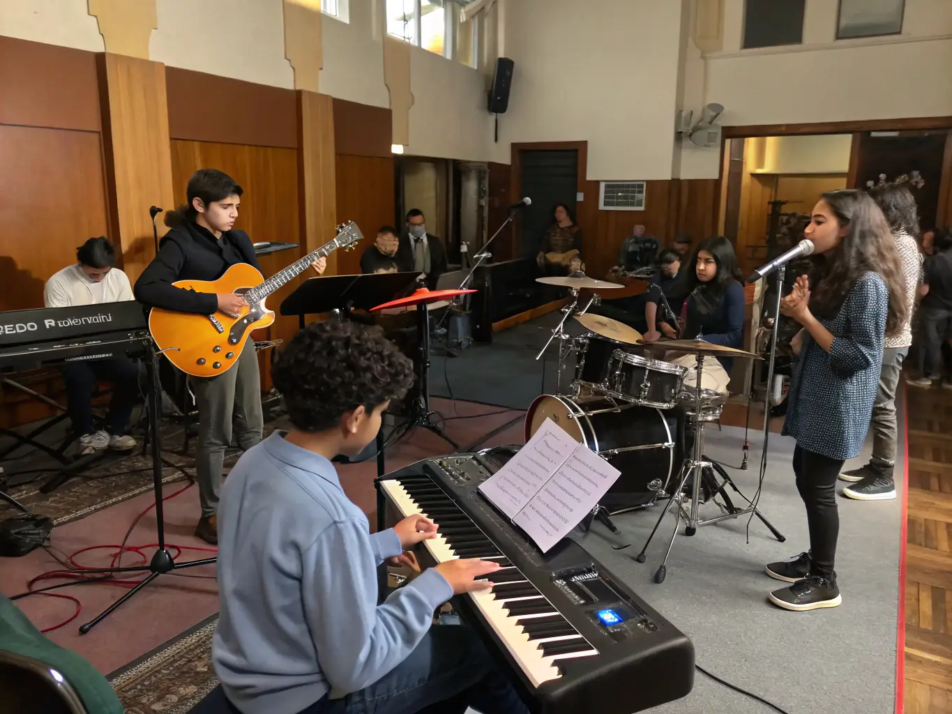 A behind-the-scenes shot of students preparing for a concert, tuning instruments and practicing their parts.