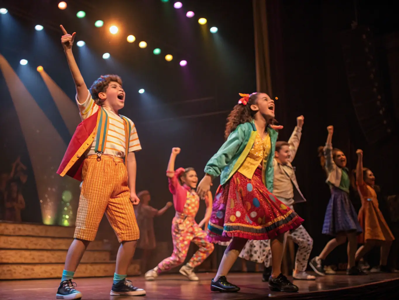 A vibrant scene from a recent musical theatre production, featuring students in colorful costumes performing on stage.